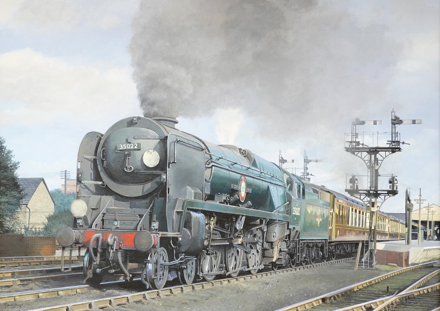 David French, oil on board, a portrait of the BR railway locomotive Merchant Navy Class No.35022, Holland America Line at Bournemouth West with a rake of Pullman cars, signed and dated 2011